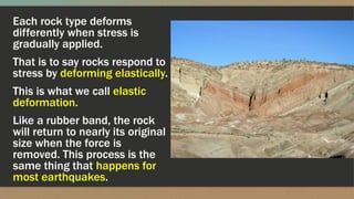 Each rock type deforms
differently when stress is
gradually applied.
That is to say rocks respond to
stress by deforming elastically.
This is what we call elastic
deformation.
Like a rubber band, the rock
will return to nearly its original
size when the force is
removed. This process is the
same thing that happens for
most earthquakes.
 