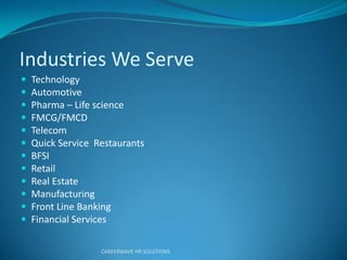 Industries We Serve
 Technology
 Automotive
 Pharma – Life science
 FMCG/FMCD
 Telecom
 Quick Service Restaurants
 BFSI
 Retail
 Real Estate
 Manufacturing
 Front Line Banking
 Financial Services
CAREERWAVE HR SOLUTIONS
 