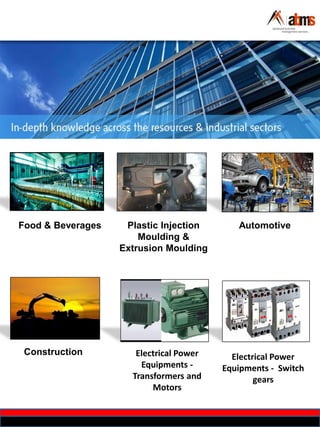 Food & Beverages Plastic Injection
Moulding &
Extrusion Moulding
Automotive
Construction Electrical Power
Equipments -
Transformers and
Motors
Electrical Power
Equipments - Switch
gears
 