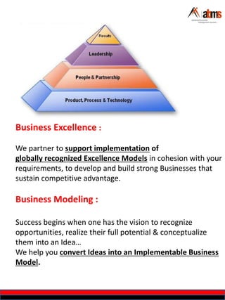 Business Excellence :
We partner to support implementation of
globally recognized Excellence Models in cohesion with your
requirements, to develop and build strong Businesses that
sustain competitive advantage.
Business Modeling :
Success begins when one has the vision to recognize
opportunities, realize their full potential & conceptualize
them into an Idea…
We help you convert Ideas into an Implementable Business
Model.
 