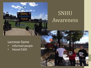 SNHU
Awareness
Lacrosse Game
• Informed people
• Raised $305
 