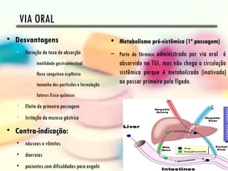 VIA ORAL
• Desvantagens                                     Metabolismo pré-sistêmica (1ª passagem)
   •    Variação da taxa de absorção              – Parte do fármaco administrado por via oral é
         – motilidade gastrointestinal               absorvido no TGI, mas não chega a circulação
         – fluxo sanguíneo esplênico                 sistêmica porque é metabolizado (inativado)
         – tamanho das partículas e formulação       ao passar primeiro pelo fígado.
         – fatores físico-químicos
   •    Efeito de primeira passagem
   •    Irritação da mucosa gástrica

• Contra-indicação:
   •    náuseas e vômitos
   •    diarreias
   •    pacientes com dificuldades para engolir
 