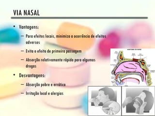 VIA NASAL
• Vantagens:
   – Para efeitos locais, minimiza a ocorrência de efeitos
     adversos
   – Evita o efeito de primeira passagem
   – Absorção relativamente rápida para algumas
     drogas
• Desvantagens:
   – Absorção pobre e errática
   – Irritação local e alergias
 