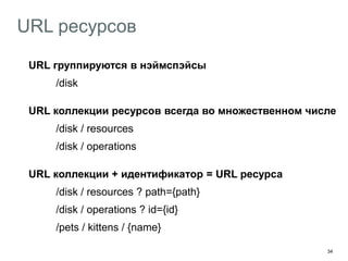 34
URL ресурсов
URL группируются в нэймспэйсы
/disk
URL коллекции ресурсов всегда во множественном числе
/disk / resources
/disk / operations
URL коллекции + идентификатор = URL ресурса
/disk / resources ? path={path}
/disk / operations ? id={id}
/pets / kittens / {name}
 