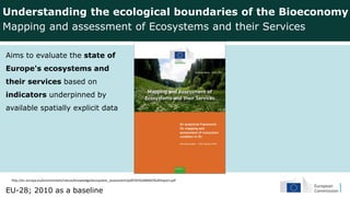 Aims to evaluate the state of
Europe's ecosystems and
their services based on
indicators underpinned by
available spatially explicit data
EU-28; 2010 as a baseline
http://ec.europa.eu/environment/nature/knowledge/ecosystem_assessment/pdf/5th%20MAES%20report.pdf
Understanding the ecological boundaries of the Bioeconomy:
Mapping and assessment of Ecosystems and their Services
 