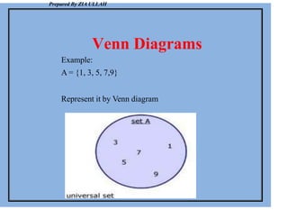 Prepared By ZIA ULLAH
Venn Diagrams
Example:
A = {1, 3, 5, 7,9}
Represent it by Venn diagram
 