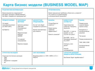 12
Карта бизнес модели (BUSINESS MODEL MAP)
РЕШЕНИЕ/ОБЕЗБОЛИВАЮЩЕЕ
Какое решение вы предлагаете?
Как будет проходить обезболивание?
Как будут создаваться преимущества?
	
  
ПРОБЛЕМА/БОЛЬ
Какие нерешенные проблемы и боли есть у клиента?
Что клиента не удовлетворяет
в альтернативных решениях?
	
  
ПРОДУКТ/СЕРВИС
Что видит
пользователь/клиент
(LP, MVP, MVF)
Артефакты	
  
КЛЮЧЕВЫЕ
МЕТРИКИ
Цепочка целевых
действий
пользователя/
клиента
Маркетинговая
воронка
AARRR
Что делают
пользователи
Воронка продаж	
  
ЦЕННОСТНОЕ
ПРЕДЛОЖЕНИЕ
За счет чего будет
создаваться ценность
Крючки (мотиваторы)
для клиента
КАНАЛЫ
Откуда берутся
клиенты?
Какие каналы
наиболее
эффективны?
Емкость каналов?	
  
КЛИЕНТСКИЕ
СЕГМЕНТЫ
Характеристики
клиентов, Портреты,
Архетипы
Для B2C – о чем он
думает, из чего
состоит его день?
Для B2B – как он
принимает решение?
Кто ЛПР?
Сколько у него
денег?
Ранние
последователи	
  
РЫНОК
Размер рынка
(оценка сверху,
оценка снизу)
Конкуренты и
альтернативные
решение
Тип рынка
Размер возможности
ТАМ, SAM, SOM
Альтернативные
решения
СТРУКТУРА РАСХОДОВ
Структура постоянных расходов
-  G&A
-  R&D
-  Маркетинг и продажи
-  др.
UNIT-ЭКОНОМИКА
#UserAcquisition x (- CPA + ARPU x C1) =
PROFIT	
  
СТРУКТУРА ДОХОДОВ
(МОДЕЛЬ МОНЕТИЗАЦИИ)
Как бизнес будет зарабатывать?	
  
 