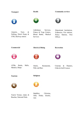 Transport
Airports, Taxis &
Parking, Petrol Pump &
CNG, Railway station
Health
Ambulance Services,
Fitness & Yoga Centers,
Blood Banks, Medical
Services
Community services
Educational Institutions,
Embassies, Fire stations,
Police Stations, Post
Offices
Commercial
ATMs, Banks, Malls,
Markets, Shops
Hotels & Dining
Hotels, Restaurants,
Pubs and Bars
Recreation
Cinemas & Theaters,
Clubs & Golf Courses
Tourism
Tourist Venues, Lakes &
Beaches, National Parks
Religious
Buddhist, Christian,
Sikh, Hindu, Islamic,
Jain
 