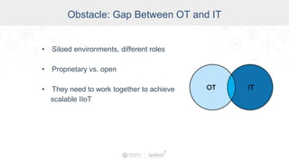 Obstacle: Gap Between OT and IT
• Siloed environments, different roles
• Proprietary vs. open
• They need to work together to achieve
scalable IIoT
 