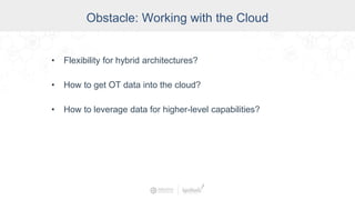 Obstacle: Working with the Cloud
• Flexibility for hybrid architectures?
• How to get OT data into the cloud?
• How to leverage data for higher-level capabilities?
 