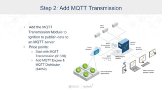 Step 2: Add MQTT Transmission
• Add the MQTT
Transmission Module to
Ignition to publish data to
an MQTT server
• Price points:
○ Start with MQTT
Transmission ($1350)
○ Add MQTT Engine &
MQTT Distributor
($4850)
 