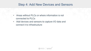 Step 4: Add New Devices and Sensors
• Areas without PLCs or where information is not
connected to PLCs
• Add devices and sensors to capture I/O data and
connect it to infrastructure
 