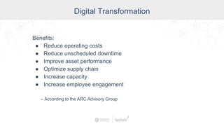 Digital Transformation
Benefits:
● Reduce operating costs
● Reduce unscheduled downtime
● Improve asset performance
● Optimize supply chain
● Increase capacity
● Increase employee engagement
– According to the ARC Advisory Group
 