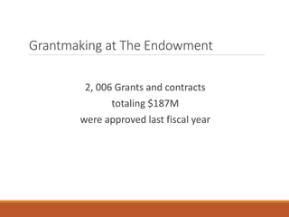 Grantmaking at The Endowment
2, 006 Grants and contracts
totaling $187M
were approved last fiscal year
 