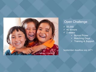  $5,000
 40 donors
 2 weeks
• Bonus Prizes
• Matching Days
• Training & Support
Open Challenge
September deadline July 24th!
© GlobalGiving and Goodweave USA
 