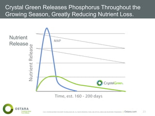 23© 2011 OSTARA NUTRIENT RECOVERY TECHNOLOGIES INC. ALL RIGHTS RESERVED. PEARL AND CRYSTAL GREEN ARE REGISTERED TRADEMARKS. | Ostara.com
Crystal Green Releases Phosphorus Throughout the
Growing Season, Greatly Reducing Nutrient Loss.
Nutrient
Release
 