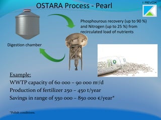 Phosphourous recovery (up to 90 %)
and Nitrogen (up to 25 %) from
recirculated load of nutrients
Example:
WWTP capacity of 60 000 – 90 000 m3
/d
Production of fertilizer 250 – 450 t/year
Savings in range of 550 000 – 850 000 €/year*
*Polish conditions.
Digestion chamber
OSTARA Process - Pearl
 