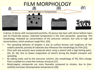 • The spreading behavior of droplets is due to surface tension and roughness of the
coated substrate, porosity of substrate also influences the morphology of a film [25].
• Films with low porosity were produced when using a solvent with a high boiling point.
[24, 25, 26]. Due to slower evaporation of solvent during the droplet transport and
spreading.
• By adding acetic acid to the precursor solution, the morphology of Ti02 films change
from a cracked to a crack-free reticular structure [27].
• Metal-organic compounds are more favorable compared to nitrates, due to their
volatility and lower decomposition temperatures [28].
FILM MORPHOLOGY
I) dense, II) dense with incorporated particles, III) porous top layer with dense bottom layer,
and IV) fractal-like porous. Substrate temperature is the main parameter governing film
morphology. Followed by concentration of the precursor solution, but only at high salt
concentrations, which produces rough films. [24].
With Increase in Temperature
10
 