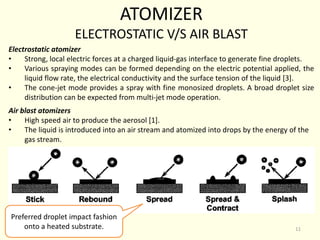 Electrostatic atomizer
• Strong, local electric forces at a charged liquid-gas interface to generate fine droplets.
• Various spraying modes can be formed depending on the electric potential applied, the
liquid flow rate, the electrical conductivity and the surface tension of the liquid [3].
• The cone-jet mode provides a spray with fine monosized droplets. A broad droplet size
distribution can be expected from multi-jet mode operation.
Air blast atomizers
• High speed air to produce the aerosol [1].
• The liquid is introduced into an air stream and atomized into drops by the energy of the
gas stream.
ATOMIZER
ELECTROSTATIC V/S AIR BLAST
Preferred droplet impact fashion
onto a heated substrate. 11
 