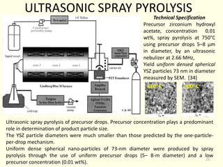 ULTRASONIC SPRAY PYROLYSIS
Ultrasonic spray pyrolysis of precursor drops. Precursor concentration plays a predominant
role in determination of product particle size.
The YSZ particle diameters were much smaller than those predicted by the one-particle-
per-drop mechanism.
Uniform dense spherical nano-particles of 73-nm diameter were produced by spray
pyrolysis through the use of uniform precursor drops (5– 8-m diameter) and a low
precursor concentration (0.01 wt%).
Technical Specification
Precursor zirconium hydroxyl
acetate, concentration 0.01
wt%, spray pyrolysis at 750°C
using precursor drops 5–8 µm
in diameter, by an ultrasonic
nebulizer at 2.66 MHz,
Yield uniform densed spherical
YSZ particles 73 nm in diameter
measured by SEM. [34]
650° C 700° C
23
 