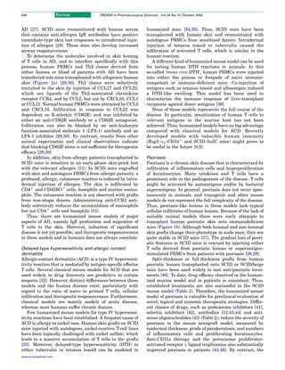 AD [27]. SCID mice reconstituted with human serum
that contains anti-allergen IgE antibodies have positive
immediate-type skin test responses to intradermal injec-
tion of allergen [28]. These mice also develop increased
airway responsiveness.
To determine the molecules involved in skin homing
of T cells in AD, and to interfere speciﬁcally with this
process, human PBMCs and Th2 clones derived from
either lesions or blood of patients with AD have been
transferred into mice transplanted with allogeneic human
skin (Figure 1a) [29,30]. Th2 clones were selectively
recruited to the skin by injection of CCL17 and CCL22,
which are ligands of the Th2-associated chemokine
receptor CCR4, and by CCL2, but not by CXCL10, CCL1
or CCL11. Normal human PBMCs were attracted by CCL2
and CXCL10. Inﬁltration in response to CCL22 was
dependent on E-selectin (CD62E) and was inhibited by
either an anti-CD62E antibody or a CD62E antagonist.
Inﬁltration can also be blocked by an anti-leukocyte
function-associated molecule 1 (LFA-1) antibody and an
LFA-1 inhibitor [29,30]. By contrast, results from other
animal experiments and clinical observations indicate
that blocking CD62E alone is not sufﬁcient for therapeutic
efﬁcacy [29,30]
In addition, skin from allergic patients transplanted to
SCID mice is sensitive to an early-phase skin-prick test
with the relevant allergen [31]. In SCID mice engrafted
with skin and autologous PBMCs from allergic patients, a
profound, allergic, cutaneous reaction is induced by intra-
dermal injection of allergen. The skin is inﬁltrated by
CD4C
and CD45ROC
cells, basophils and murine eosino-
phils. The cutaneous reaction is not observed with grafts
from non-atopic donors. Administering anti-CCR3 anti-
body selectively reduces the accumulation of eosinophils
but not CD4C
cells and basophils [31].
Thus, there are humanized mouse models of major
aspects of AD, namely IgE production and migration of
T cells to the skin. However, induction of signiﬁcant
disease is not yet possible, and therapeutic responsiveness
in these models and in humans does not always correlate.
Delayed-type hypersensitivity and allergic contact
dermatitis
Allergic-contact dermatitis (ACD) is a type IV hypersensi-
tivity reaction that is mediated by antigen-speciﬁc effector
T cells. Several classical mouse models for ACD that are
used widely in drug discovery are predictive in certain
respects [32]. However, distinct differences between these
models and the human disease exist, particularly with
regard to the ratio of naive to primed T cells, cellular
inﬁltration and therapeutic responsiveness. Furthermore,
classical models are mainly models of acute disease,
whereas most humans suffer chronic disease.
Few humanized mouse models for type IV hypersensi-
tivity reactions have been established. A frequent cause of
ACD is allergy to nickel ions. Human skin grafts on SCID
mice injected with autologous, nickel-reactive T-cell lines
have been topically challenged with nickel sulfate, which
leads to a massive accumulation of T cells in the grafts
[33]. Moreover, delayed-type hypersensitivity (DTH) to
either tuberculin or tetanus toxoid can be modeled in
humanized mice [34,35]. Thus, SCID mice have been
transplanted with human skin and reconstituted with
autologous PBMCs from sensitized donors. Intradermal
injection of tetanus toxoid or tuberculin caused the
inﬁltration of activated T cells, which is similar to the
human reaction.
A different kind of humanized mouse model can be used
for testing human DTH reactions in animals. In this
so-called ‘trans vivo DTH’, human PBMCs were injected
into either the pinnae or footpads of naive immune-
competent or immune-deﬁcient mice. Co-injection of
antigens such as tetanus toxoid and alloantigen induced
a DTH-like swelling. This model has been used to
characterize the immune response of liver-transplant
recipients against donor antigens [36].
None of these models represents the full course of the
disease. In particular, sensitization of human T cells to
relevant antigens in the murine host has not been
achieved. Thus, humanized models have no big advantage
compared with classical models for ACD. Recently
developed models with inducible human immunity
(Rag2–gc–CD34C
and SCID–huIC mice) might prove to
be useful in the future [8,9].
Psoriasis
Psoriasis is a chronic skin disease that is characterized by
inﬁltration of inﬂammatory cells and hyperproliferation
of keratinocytes. Many cytokines and T cells have a
prominent role in the pathogenesis of the disease. T cells
might be activated by autoantigens and/or by bacterial
superantigens. In general, psoriasis does not occur spon-
taneously in animals, and transgenic and other mouse
models do not represent the full complexity of the disease.
Thus, psoriasis-like lesions in these models lack typical
cellular inﬁltrates of human lesions. Because of the lack of
suitable animal models there were early attempts to
transplant human psoriatic skin onto immunodeﬁcient
mice (Figure 1b). Although both lesional and non-lesional
skin grafts change their phenotype in nude mice, they are
quite stable in SCID mice [37]. The gradual loss of psori-
atic features in SCID mice is rescued by injecting either
T cells derived from psoriatic lesions or superantigen-
stimulated PBMCs from patients with psoriasis [38,39].
Split-thickness or full-thickness grafts from human
psoriatic lesions transplanted onto SCID or SCID/beige
mice have been used widely to test anti-psoriatic treat-
ments [40]. To date, drug efﬁcacy observed in the human-
ized murine model and in patients is consistent. Thus,
established treatments are also successful in the SCID
mouse model (Table 2). Therefore, the humanized mouse
model of psoriasis is valuable for preclinical evaluation of
novel, topical and systemic therapeutic strategies. Differ-
ent classes of drugs, such as proteasome inhibitors [41],
selectin inhibitors [42], antibodies [12,43,44] and anti-
sense oligonucleotides [45] (Table 2), reduce the severity of
psoriasis in the mouse xenograft model, measured by
epidermal thickness, grade of parakeratosis, and numbers
of inﬂammatory cells and proliferating keratinocytes.
Anti-CD11a therapy and the peroxisome proliferator-
activated receptor g ligand troglitazone also substantially
improved psoriasis in patients [43,46]. By contrast, the
Review TRENDS in Pharmacological Sciences Vol.25 No.10 October 2004546
www.sciencedirect.com
 