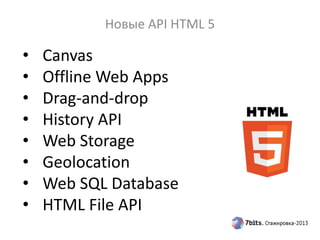 Новые API HTML 5
• Canvas
• Offline Web Apps
• Drag-and-drop
• History API
• Web Storage
• Geolocation
• Web SQL Database
• HTML File API
 