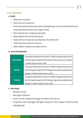 Modul Pendidikan Jarak Jauh Jenjang Diploma 3 Program Studi Kebidanan
51
2. PIL KOMBINASI
a.	Profil
•	 Efektif dan reversible
•	 Harus diminum setiap hari
•	 Pada bulan pertama pemakaian efek samping berupa mual dan perdarahan bercak
yang tidak berbahaya dan akan segera hilang
•	 Efek samping serius sangat jarang terjadi
•	 Dapat dipakai oleh semua perempuan
•	 Dapat diminum setiap saat asal dipastikan ibu tidak hamil
•	 Tidak dianjurkan pada ibu menyusui
•	 Dapat dipakai sebagai kontrasepsi darurat
b.	 Jenis Pil Kombinasi
Monofasik
Pil yang tersedia dalam kemasan 21 tablet mengandung hormon
aktif estrogen/progestin (E/P) dalam dosis yang sama, dengan
7 tablet tanpa hormon aktif. 
Bifasik
Pil yang tersedia dalam kemasan 21 tablet mengandung hormon
aktif estrogen/progestin (E/P) dengan dua dosis yang berbeda,
dengan 7 tablet tanpa hormon aktif.  
Trifasik
Pil yang tersedia dalam kemasan 21 tablet mengandung hormon
aktif estrogen/progestin (EIP) dengan tiga dosis yang berbeda,
dengan 7 tablet tanpa hormon aktif
c.	Cara Kerja
•	 Menekan ovulasi
•	 Mencegah implantasi
•	 Lender serviks mengental sehingga sulit dilalui oleh sperma
•	 Pergerakan tuba terganggu sehingga transportasi telur dengan sendirinya akan
terganggu juga
 