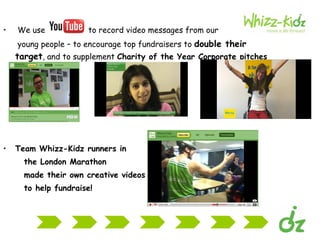 We use  to record video messages from our  young people – to encourage top fundraisers to  double their  target , and to supplement  Charity of the Year Corporate pitches Team Whizz-Kidz runners in  the London Marathon  made their own creative videos  to help fundraise! 