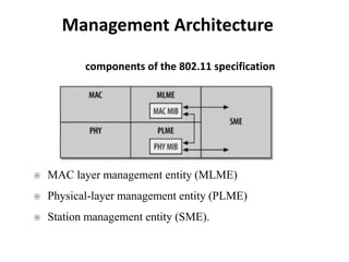 Management Architecture
 MAC layer management entity (MLME)
 Physical-layer management entity (PLME)
 Station management entity (SME).
components of the 802.11 specification
 