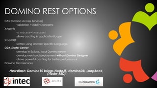 DOMINO REST OPTIONS
DAS (Domino Access Services)
validation / visibility concerns
XAgents
viewState=“nostate”
allows caching in applicationScope
SmartNSF
written using Domain Specific Language
ODA Starter Servlet
develop in Eclipse, local Domino server
development and deployment without Domino Designer
allows powerful caching for better performance
Darwino Microservices
Newsflash: Domino10 brings NodeJS, dominoDB, LoopBack,
(Node-RED)
 