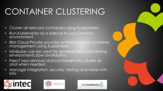 CONTAINER CLUSTERING
• Cluster all relevant containers using Kubernetes
• Run Kubernetes as a sidecar to your Domino
environment
• IBM Cloud Private provides enterprise-level container
management using Kubernetes
• Minikube can be used for development and testing
environments (low availability)
• Inject new services and containers into cluster as
and when needed
• Manage integration, security, testing and more with
Istio
 