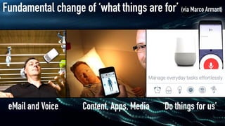 Fundamental change of ‘what things are for’ (via Marco Armant)
eMail and Voice Content, Apps, Media ‘Do things for us’
 