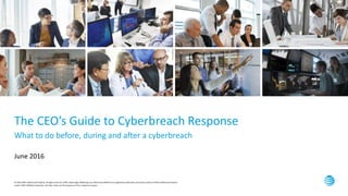 © 2016 AT&T Intellectual Property. All rights reserved. AT&T, Globe logo, Mobilizing Your World and DIRECTV are registered trademarks and service marks of AT&T Intellectual Property
and/or AT&T affiliated companies. All other marks are the property of their respective owners.
The CEO’s Guide to Cyberbreach Response
What to do before, during and after a cyberbreach
June 2016
 