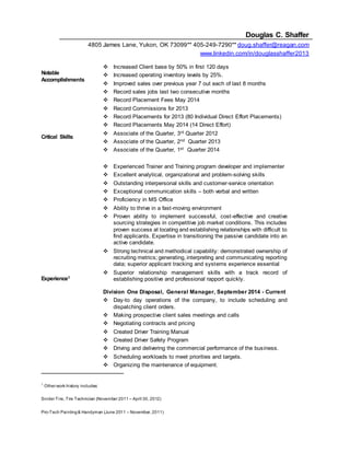 Douglas C. Shaffer
4805 James Lane, Yukon, OK 73099** 405-249-7290** doug.shaffer@reagan.com
www.linkedin.com/in/douglasshaffer2013
Notable
Accomplishments
Critical Skills:
Experience1
 Increased Client base by 50% in first 120 days
 Increased operating inventory levels by 25%.
 Improved sales over previous year 7 out each of last 8 months
 Record sales jobs last two consecutive months
 Record Placement Fees May 2014
 Record Commissions for 2013
 Record Placements for 2013 (80 Individual Direct Effort Placements)
 Record Placements May 2014 (14 Direct Effort)
 Associate of the Quarter, 3rd Quarter 2012
 Associate of the Quarter, 2nd Quarter 2013
 Associate of the Quarter, 1st Quarter 2014
 Experienced Trainer and Training program developer and implementer
 Excellent analytical, organizational and problem-solving skills
 Outstanding interpersonal skills and customer-service orientation
 Exceptional communication skills – both verbal and written
 Proficiency in MS Office
 Ability to thrive in a fast-moving environment
 Proven ability to implement successful, cost-effective and creative
sourcing strategies in competitive job market conditions. This includes
proven success at locating and establishing relationships with difficult to
find applicants. Expertise in transitioning the passive candidate into an
active candidate.
 Strong technical and methodical capability: demonstrated ownership of
recruiting metrics; generating, interpreting and communicating reporting
data; superior applicant tracking and systems experience essential
 Superior relationship management skills with a track record of
establishing positive and professional rapport quickly.
Division One Disposal, General Manager, September 2014 - Current
 Day-to day operations of the company, to include scheduling and
dispatching client orders.
 Making prospective client sales meetings and calls
 Negotiating contracts and pricing
 Created Driver Training Manual
 Created Driver Safety Program
 Driving and delivering the commercial performance of the business.
 Scheduling workloads to meet priorities and targets.
 Organizing the maintenance of equipment.
1
Other work history includes:
Snider Tire, Tire Technician (November 2011 – April 30, 2012)
Pro-Tech Painting& Handyman (June 2011 – November, 2011)
 
