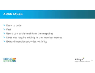 ADANTAGES
> Easy to code
> Fast
> Users can easily maintain the mapping
> Does not require coding in the member names
> Extra dimension provides visibility
24
 