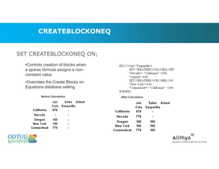 CREATEBLOCKONEQ
SET CREATEBLOCKONEQ ON;
•Controls creation of blocks when
a sparse formula assigns a non-
constant value
•Overrides the Create Blocks on
Equations database setting
Before Calculation After Calculation
Marketing Technologies Group | www.mtgny.com
 