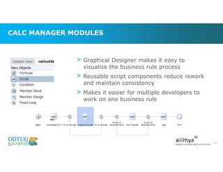 CALC MANAGER MODULES
61
> Graphical Designer makes it easy to
visualize the business rule process
> Reusable script components reduce rework
and maintain consistency
> Makes it easier for multiple developers to
work on one business rule
 