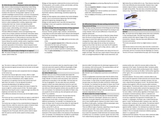 1
BIOLOGY
Q1. Write the basic difference between science and engineering.
Ans. Science is about knowing and engineering is about doing.
Science is synthesis of knowledge by understanding the law of
nature, while engineering is the application of knowledge to
transform the nature for serving people. Engineers use the
scientific knowledge to build processes, structures and equipment.
Both engineers and scientists have sound knowledge of science,
mathematics and technology, but engineers are trained to use
these principles in designing creative solutions to the challenges.
Science is about studying what is existing, engineering is about
creating what never was. Science and engineering both
complement each other, for to transform nature effectively
requires proper understanding, and to discover nature’s secret
requires instruments to modify it in experiments.
The basic difference between science and engineering is that
science aims to answer questions and discover information about
how the world works through observation and experimentation,
while engineering aims to create products or processes that solve
problems or improve our lives through design and innovation.
Science follows the scientific method, where a hypothesis is tested
through repeated experiments, while engineering follows
particular approaches to find solutions. Science expands human
perception and understanding, while engineering expands human
plans and results.
Q2. What is the need of study of biology for an engineer?
Ans. The study of biology for an engineer can be useful for several
reasons. Some of them are:
2
Biology can help engineers understand the structure and function
of living systems, such as plants, animals, and microbes, and how
they interact with their environment.
Biology can inspire engineers to design and create new products
or processes that mimic or utilize biological systems, such as
biomimetic materials, biotechnology, biomedical engineering,
biofuels, etc.
Biology can help engineers solve problems that involve biological
systems, such as environmental engineering, food technology,
agricultural engineering, bioengineering, etc.
Biology can help engineers learn new skills and expand their
knowledge in areas such as genetics, biochemistry, molecular
biology, ecology, etc.
Q3. What is biology? Give the characteristics of living organisms?
Ans. Biology is the science of living things that studies their
structure, function, growth, origin, evolution, and distribution.
Living things are those that exhibit certain features that distinguish
them from non-living things. Some of the common characteristics
of living organisms are:
 They are made of one or more cells, which are the basic units
of life.
 They contain genetic material (DNA or RNA) that carries the
information for their traits and functions.
 They can convert food into energy through metabolic
processes such as cellular respiration or photosynthesis.
 They can grow and develop by increasing their size, number,
or complexity.
3
 They can reproduce by producing offspring that are similar to
themselves.
 They can respond to stimuli or changes in their environment
and adapt accordingly.
 They can regulate their internal conditions and maintain a
stable state called homeostasis.
 They can move by themselves or with the help of external
forces.
Q4. Differentiate between the basic working mechanism of bird
flying and aircraft flying.
Ans. The basic working mechanism of bird flying and aircraft flying
is based on the same principle of generating lift by moving air over
a wing. However, there are some differences in how birds and
airplanes achieve this:
Birds use their strong breast muscles to flap their wings and give
them the thrust to move through the air and fly. They also use
their wings to control their speed, direction, and altitude by
changing the shape, angle, and orientation of their wings.
Airplanes have fixed wings that do not flap, but instead use
engines to thrust them into the air and create the lift needed to
fly. They also use other parts such as flaps, ailerons, rudder, and
elevator to control their flight.
Birds have lightweight, smooth feathers that reduce the forces of
weight and drag4. They also have a beak instead of heavy jaws and
teeth, an enlarged breastbone for flight muscle attachment, and
4
light bones that are hollow with air sacs. These features help them
to fly more efficiently and maneuverably. Airplanes have a rigid
skeleton made of metal or composite materials that provide
strength and durability. They also have a streamlined body that
reduces drag. These features help them to fly faster and longer.
Q5. What is the working principle of human eye and digital
camera?
Ans. The human eye and the digital camera have some similarities
in their working principle. They both have lenses and light-
sensitive surfaces that capture images of the surrounding
environment. However, they also have some differences in their
structure and function.
The human eye operates similar to a digital camera in several
ways:
Light focuses mainly on the cornea, which acts like a camera lens.
The iris controls the light that reaches the eye by adjusting the size
of the pupil, and thus it functions like the diaphragm of a camera.
The lens of the eye is located behind the pupil, and it focuses light
onto the retina, which is a light-sensitive surface at the back of the
5
eye. The retina is made up of millions of nerve cells that convert
light into electrical signals and send them to the brain via the optic
nerve.
The digital camera also has some components that are analogous
to the human eye:
The camera lens focuses light onto a sensor, which is a light-
sensitive surface that records the image. The sensor can be either
a film or an array of photoelectric cells in digital cameras.
The aperture is an opening in the lens that controls how much
light enters the camera. It can be adjusted manually or
automatically depending on the lighting conditions.
The shutter is a mechanism that opens and closes to expose the
sensor to light for a certain amount of time. The shutter speed
determines how long the sensor is exposed to light and affects the
brightness and motion blur of the image.
Some differences between the human eye and the digital camera
are:
The human eye has a curved retina that can capture a wide field of
view, while the camera sensor is flat and has a limited angle of
view.
The human eye can adjust its focus automatically by changing the
shape of the lens, while the camera lens needs a miniature motor
to move it forward and backward to get objects in focus.
The human eye can adapt to different levels of brightness by
changing the size of the pupil, while the camera needs to adjust
both the aperture and the shutter speed to achieve proper
exposure.
6
The human eye can perceive colors by using three types of cells
(rods and cones) that respond to different wavelengths of light,
while the camera sensor uses filters (red, green and blue) to
capture color information.
Q6. Define Mendel’s laws.
Mendel’s laws are a set of three principles that explain the
biological inheritance or heredity of traits. They were proposed by
Gregor Mendel, an Austrian monk and scientist, who conducted
experiments on pea plants in the mid-1860s. The three laws are:
The law of segregation: This law states that every individual
organism contains two alleles (alternative forms) for each trait,
and that these alleles separate during the formation of gametes
(sex cells) such that each gamete contains only one allele for each
trait. For example, if an individual has two alleles for flower color,
one purple (P) and one white (p), then each gamete will receive
either P or p randomly.
The law of independent assortment: This law states that the
alleles of different traits are distributed to the gametes
independently of each other, as long as they are located on
different chromosomes. For example, if an individual has two
alleles for flower color (P and p) and two alleles for seed shape (R
and r), then the gametes can have any combination of these
alleles, such as PR, Pr, pR or pr.
The law of dominance: This law states that some alleles are
dominant over others, meaning that they mask or hide the
expression of the recessive alleles in the presence of the dominant
ones. For example, if an individual has one allele for purple flower
color (P) and one allele for white flower color (p), then the
7
dominant allele P will determine the phenotype (appearance) of
the individual, which will be purple. The recessive allele p will not
be expressed unless both alleles are p.
Q7. Write Mendel’s law of independent assortment.
Ans. Mendel’s law of independent assortment can be defined as
follows:
The law of independent assortment states that the alleles of two
(or more) different genes get sorted into gametes independently
of one another. In other words, the allele a gamete receives for
one gene does not influence the allele received for another gene.
For example, if an individual has two alleles for flower color (P and
p) and two alleles for seed shape (R and r), then the gametes can
have any combination of these alleles, such as PR, Pr, pR or pr.
This means that the traits of flower color and seed shape are
inherited independently of each other.
Q8. Discuss about the concept of epistasis.
Ans. Epistasis is a concept that describes the interaction between
genes that influences a phenotype1. Epistasis occurs when the
expression of one gene depends on the presence or absence of
one or more modifier genes2. Epistasis can either mask or reveal
the effects of other genes, resulting in different phenotypic ratios
than expected from Mendelian inheritance.
There are different types of epistasis, depending on how the genes
interact with each other. Some common types are:
Dominant epistasis: This occurs when a dominant allele at one
locus masks the expression of both dominant and recessive alleles
at another locus. For example, in summer squash, the color of the
fruit is determined by two genes: W and Y. The dominant allele W
8
produces white color, while the recessive allele w allows the
expression of the Y gene. The dominant allele Y produces yellow
color, while the recessive allele y produces green color. However,
if an individual has at least one W allele, it will be white regardless
of the Y gene. This is an example of dominant epistasis, where W
is epistatic to Y.
Recessive epistasis: This occurs when a recessive allele at one
locus masks the expression of both dominant and recessive alleles
at another locus. For example, in Labrador retrievers, the coat
color is determined by two genes: B and E. The dominant allele B
produces black pigment, while the recessive allele b produces
brown pigment. The dominant allele E allows the expression of the
B gene, while the recessive allele e prevents the expression of the
B gene and produces yellow pigment. However, if an individual
has two e alleles, it will be yellow regardless of the B gene. This is
an example of recessive epistasis, where e is epistatic to B.
Dominant inhibitory epistasis: This occurs when a dominant allele
at one locus suppresses the expression of another gene. For
example, in snapdragons, the flower color is determined by two
genes: C and R. The dominant allele C produces color, while the
recessive allele c produces no color (white). The dominant allele R
produces red pigment, while the recessive allele r produces no
pigment (white). However, if an individual has at least one C allele
and at least one R allele, it will produce no color (white) because C
inhibits R. This is an example of dominant inhibitory epistasis,
where C is a suppressor of R.
Duplicate dominant epistasis: This occurs when a dominant allele
at either of two loci can produce the same phenotype. For
 