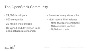 • 24,000 developers
• 500 companies
• 20 million lines of code
• Designed and developed in an
open collaborative fashion
• Releases every six months
• Most recent “Kilo” release:
• 1500 developers contributed
• 150 companies involved
• 20,000 patch sets
The OpenStack Community
 