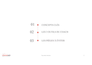 01
02
03
CONCEPTS CLÉS
LES 3 OUTILS DU COACH
LES PIÈGES À ÉVITER
Tous	droits	réservés 2
 