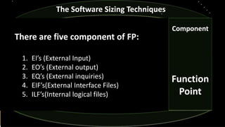 Component
Function
Point
The Software Sizing Techniques
There are five component of FP:
1. EI’s (External Input)
2. EO’s (External output)
3. EQ’s (External inquiries)
4. EIF’s(External Interface Files)
5. ILF’s(Internal logical files)
 