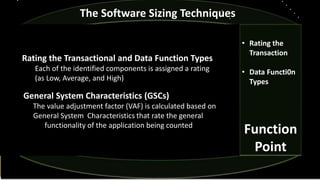 Rating the Transactional and Data Function Types
Each of the identified components is assigned a rating
(as Low, Average, and High)
General System Characteristics (GSCs)
The value adjustment factor (VAF) is calculated based on
General System Characteristics that rate the general
functionality of the application being counted
• Rating the
Transaction
• Data Functi0n
Types
Function
Point
The Software Sizing Techniques
 