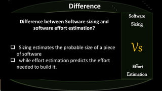 Difference between Software sizing and
software effort estimation?
 Sizing estimates the probable size of a piece
of software
 while effort estimation predicts the effort
needed to build it.
Difference
Software
Sizing
Vs
Effort
Estimation
 