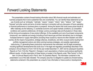 Forward Looking Statements
          This presentation contains forward-looking information about 3M’s financial results and estimates and
      business prospects that involve substantial risks and uncertainties. You can identify these statements by the
         use of words such as “anticipate,” “estimate,” “expect,” “project,” “intend,” “plan,” “believe,” “will,” “target,”
     “forecast” and other words and terms of similar meaning in connection with any discussion of future operating
     or financial performance or business plans or prospects. Among the factors that could cause actual results to
        differ materially are the following: (1) worldwide economic and capital markets conditions; (2) competitive
        conditions and customer preferences; (3) foreign currency exchange rates and fluctuations in those rates;
    (4) the timing and acceptance of new product offerings; (5) the availability and cost of purchased components,
      compounds, raw materials and energy (including oil and natural gas and their derivatives) due to shortages,
       increased demand or supply interruptions (including those caused by natural and other disasters and other
    events); (6) the impact of acquisitions, strategic alliances, divestitures, and other unusual events resulting from
             portfolio management actions and other evolving business strategies, and possible organizational
         restructuring; (7) generating fewer productivity improvements than estimated; and (8) legal proceedings,
      including significant developments that could occur in the legal and regulatory proceedings described in the
    company’s Annual Report on Form 10-K for the year ended December 31, 2007 and its subsequent Quarterly
       Reports on Form 10-Q (the “Reports”). Changes in such assumptions or factors could produce significantly
      different results. A further description of these factors is located in the Reports under “Risk Factors” in Part I,
           Item 1A (Annual Report) and in Part II, Item 1A (Quarterly Report). The information contained in this
      presentation is as of the date indicated. The company assumes no obligation to update any forward-looking
        statements contained in this presentation as a result of new information or future events or developments.

2
 