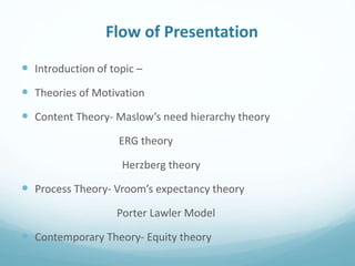 Flow of Presentation
 Introduction of topic –
 Theories of Motivation
 Content Theory- Maslow’s need hierarchy theory
ERG theory
Herzberg theory
 Process Theory- Vroom’s expectancy theory
Porter Lawler Model
 Contemporary Theory- Equity theory
 