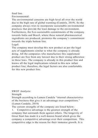 food line.
Environmental:
The environmental concerns are high-level all over the world
due to the high rate of global warming (Candela, 2019). So the
company always tries to incorporate sustainable environmental
practices that provide the least damage to the environment.
Furthermore, the Eco-sustainable commitments of the company
towards India and Brazil, where these natural pharmaceutical
ingredients are produced, promotes the company’s commitment
towards the triple bottom line.
Legal:
The company must develop this new product as per the legal
acts of supplements similar to what the company is already
doing. All the companies who manufacture this supplement
product are free from any lawsuit due to their strong adherence
to these laws. The company is already in this product line and
knows all the legal implications related to this new infant
product line; therefore, the legal factors are also comfortable
for this new product line.
SWOT Analysis:
Strength
Strength according to Lumen Candela “internal characteristics
of the business that give it an advantage over competitors.”
(Lumen Candale, 2019)
The current strengths of the company are listed below:
1. Competitive advantage is the greatest strength of the
company that outstands them against others. The longevity of
Great Start has made it a well-known brand which gives the
company a competitive advantage over their competition. This
competitive edge is the reason for their immense growth. It is
 