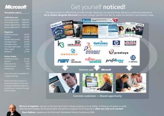 Get yourself noticed!
                                                 The opportunities to differentiate yourself and get noticed go way beyond those offered by traditional publications.
Participation options
                                                Go to market alongside Microsoft and other strategic partners and start to realise the benefits of participation today.
onWindows.com
Home page banner         £900/mth
Home page button         £650/mth
Section page banner      £450/mth
Section page button      £200/mth

Magazines
Publishing Partner         £8,950
Sponsor                    £3,600
Double page spread         £6,950
Full page colour           £4,250
Half page colour           £2,600
A4 single sheet insert     £3,250
Other inserts               £poa
Bellyband                  £3,750

Partner Guides
Publishing Partner         £2,500
Sponsor                    £1,250
Enhanced entry              £750
Extended entry              £250
Online entry                  free
                                                                                      Partners and
Series discounts are available for
multiple bookings.

Please email Paul Simpson on
paul.simpson@tudor-rose.co.uk
to explore additional options to
promote your company through
these products.


                                                                                Common customers — Shared opportunity


                     “We’re in it together, and yet at the same time you’re always pushing us to do better, to bring our A-game, to really
                      have the technologies, the business plans, the partner programs that are going to allow you and us to succeed.”
                         Steve Ballmer, speaking at the Microsoft Worldwide Partner Conference 2008
 