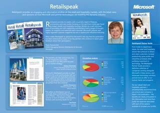 Retailspeak
Retailspeak provides an engaging and informative window on the retail and hospitality markets, with the latest news
            and opinions on how Microsoft and partner technologies are enabling this dynamic industry.


                                           etailspeak provides its readers with a quarterly digest of features,

                                     R     commentary and case studies focusing on the significant challenges faced
                                           by today’s retailer and hospitality business. Written by a well-informed
                                     team of journalists and with supporting contributions from a range of thought-
                                     leaders, an insightful and balanced view is assured. Microsoft’s popular and
                                     highly regarded customer magazine has won a captive and influential following.

                                     What makes Retailspeak so special for Microsoft is the way that this publication
                                     has been embraced by many of our key partners who continue to report great
                                     feedback about their participation.
                                                                                                                                                 Retailspeak Partner Guide
                                     Paula Paravecchio
                                                                                                                                                 From hotels to department
                                     EMEA Managing Director, Distribution & Services
                                     Microsoft                                                                                                   stores, the retail and hospitality
                                                                                                                                                 sectors face pressure to attract
                                                                                                                                                 and retain customers, increase
                                                                                                                                                 productivity, grow profits and
                                    “The benefits are clear and proven. For              Circulation analysis                                    streamline processes while
                                     us, the magazines are a main
                                                                                                                                                 justifying investment in
                                     cornerstone in our Microsoft-focused                Geographical split          EMEA                  76%
                                                                                                                                                 technology. The Retailspeak
                                     go-to-market strategy.”                                                         N&CA                  16%
                                                                                                                     Apac                   5%   Partner Guide provides a
                                                                 Andreas Rohnfelder
                                                                                                                     Latam                  3%
                                                Director Technology Partner CM SA TP
                                                                                                                                                 definitive collection of
                                                    Fujitsu Siemens Computers GmbH
                                                                                                                                                 companies working alongside
                                                                                                                                                 Microsoft in these sectors, and
                                    “Microsoft’s Retailspeak provides an ideal
                                     platform for us to communicate with our                                                                     showcases technology solutions
                                     target audience and share best practices.           Vertical industry           Food & drug           33%   and services on offer to our
                                     Our continued association is assured due                                        Mass merchandise      11%
                                                                                                                                                 mutual clients and prospects.
                                     to the quantifiable business benefits that                                      Speciality            27%
                                                                                                                     Hospitality           22%
                                     we achieve from this initiative.”
                                                                                                                     Other                  7%
                                                                                                                                                 For our valued retail and
                                                               Joachim Pinhammer
                                                           Marketing Director - Retail                                                           hospitality partners, I
                                                                     Wincor Nixdorf
                                                                                                                                                 wholeheartedly recommend that
                                    “The editors at Retailspeak have an                                                                          you ensure your company is
                                                                                         Job description             CEO (or equivalent)    7%
                                     unusually deep understanding of retail                                          CIO                   24%   listed in this publication – the
                                     and software – they put our unique                                              COO/CFO                6%
                                                                                                                                                 benefits are clearly articulated in
                                     solution in front of retailers and Dynamics                                     BDM                   37%
                                                                                                                                                 this information and more than
                                                                                                                     TDM                   21%
                                     Partners with stunning results for us.”
                                                                                                                     Other                  5%   justify the expenses associated
                                                                         Tom Keane
                                                                                                                                                 with each of the options
                                                             President & Co-Founder,
                                                                            NitroSell    Print run                10,080 (2008 average)          available to increase your profile.
 