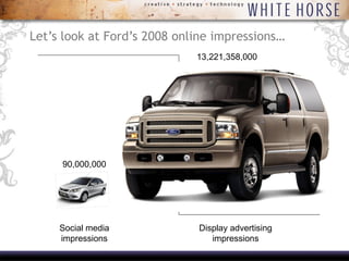 Let’s look at Ford’s 2008 online impressions… Social media impressions Display advertising impressions 90,000,000 13,221,358,000 