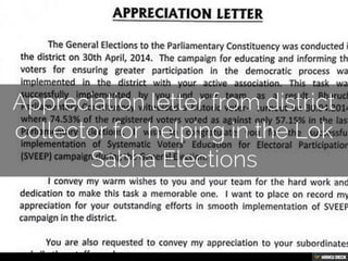 Appreciation letter from district collector for helping in the Lok Sabha Elections